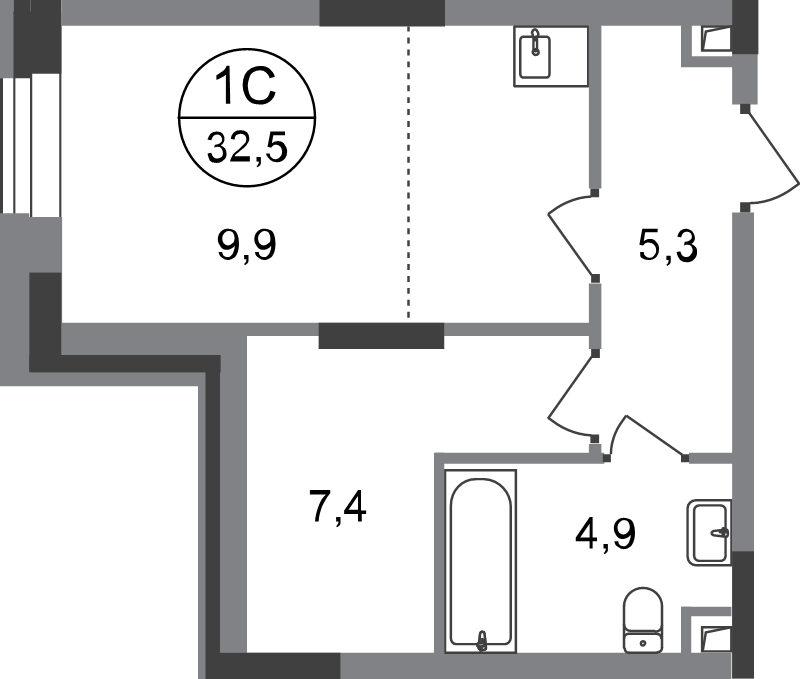 Студия 32,5 м²