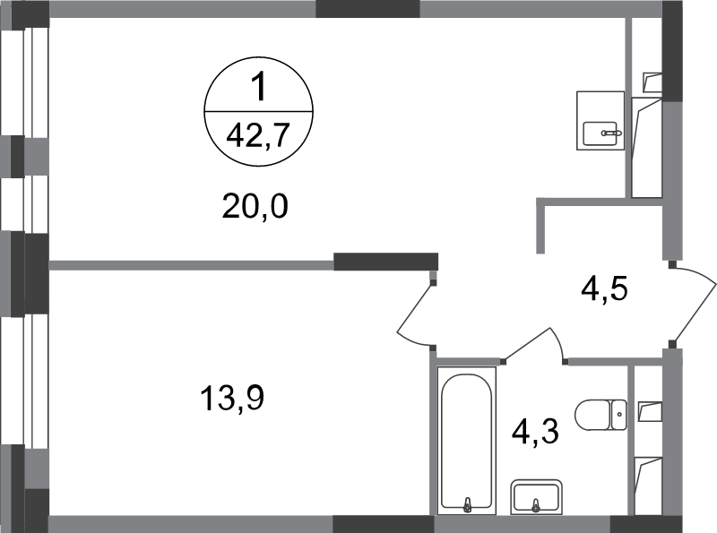 2 ккв (Евро) 42,7 м²