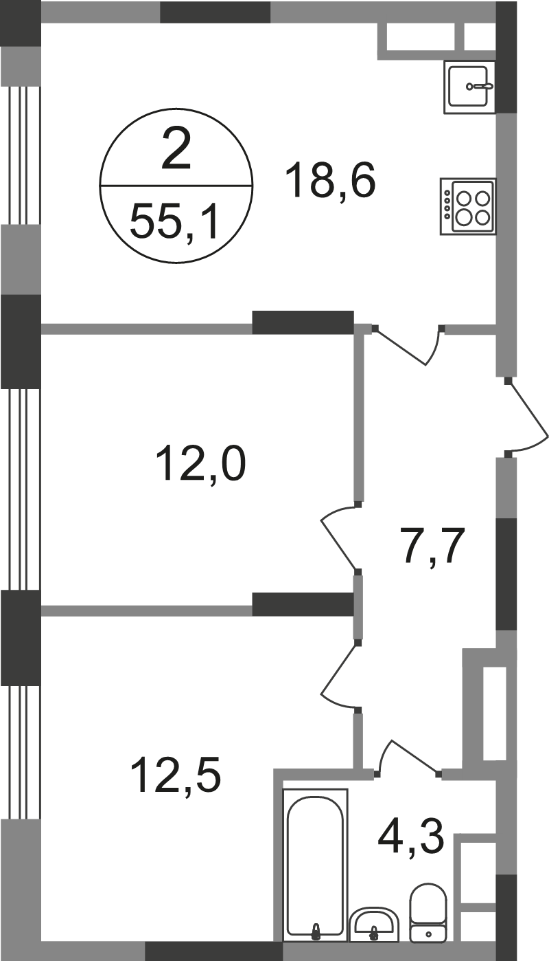3 ккв (Евро) 55,4 м²