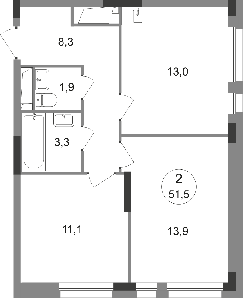2 ккв 51,5 м²