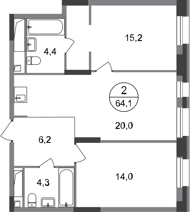 3 ккв (Евро) 64,1 м²