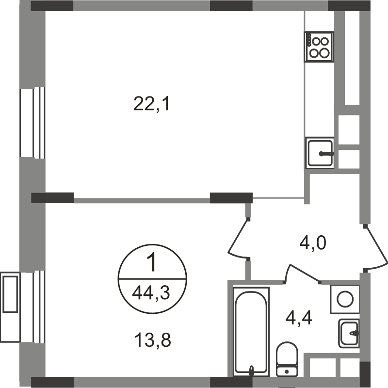 2 ккв (Евро) 44,3 м²