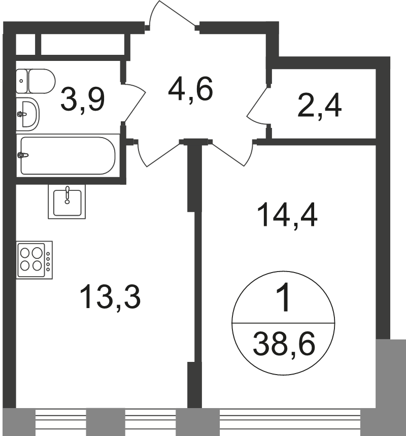 1 ккв 38,6 м²