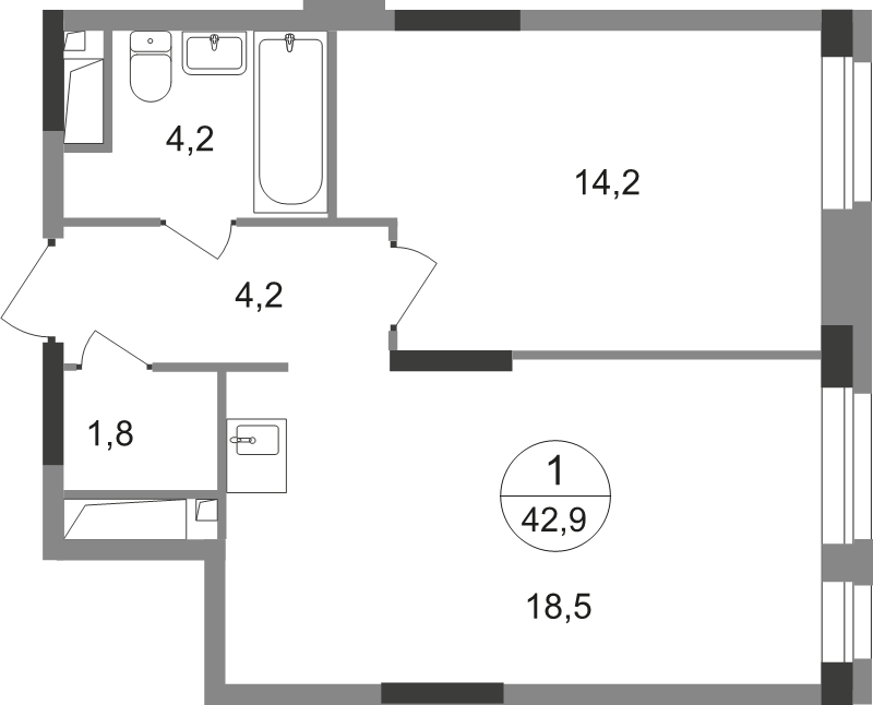 2 ккв (Евро) 42,9 м²