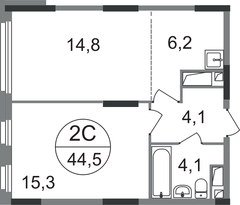 2 ккв (Евро) 44,5 м²