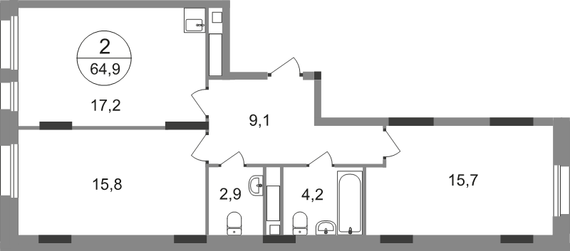 3 ккв (Евро) 64,9 м²