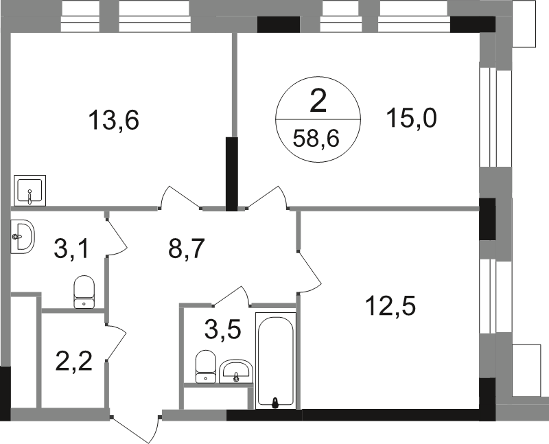 2 ккв 58,6 м²