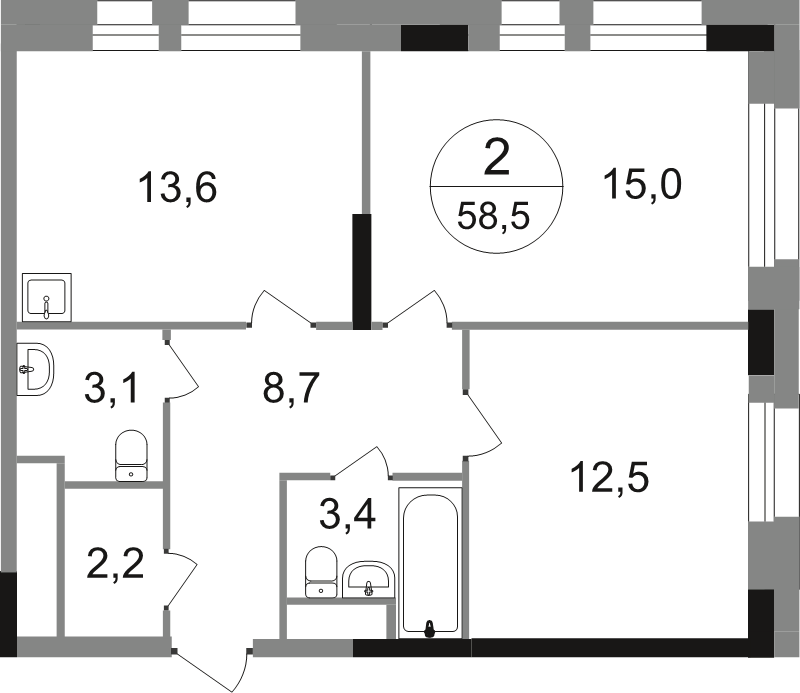 2 ккв 58,5 м²