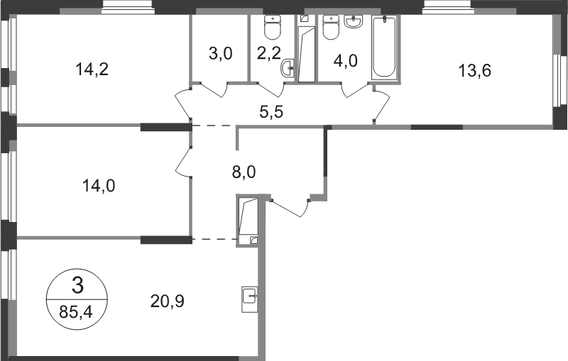 4 ккв (Евро) 85,4 м²