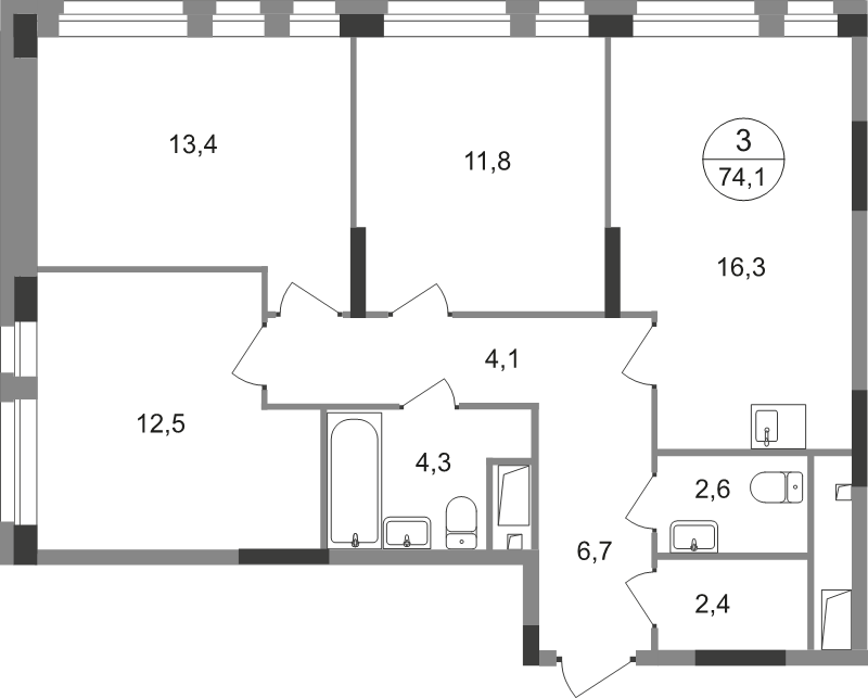4 ккв (Евро) 74,1 м²