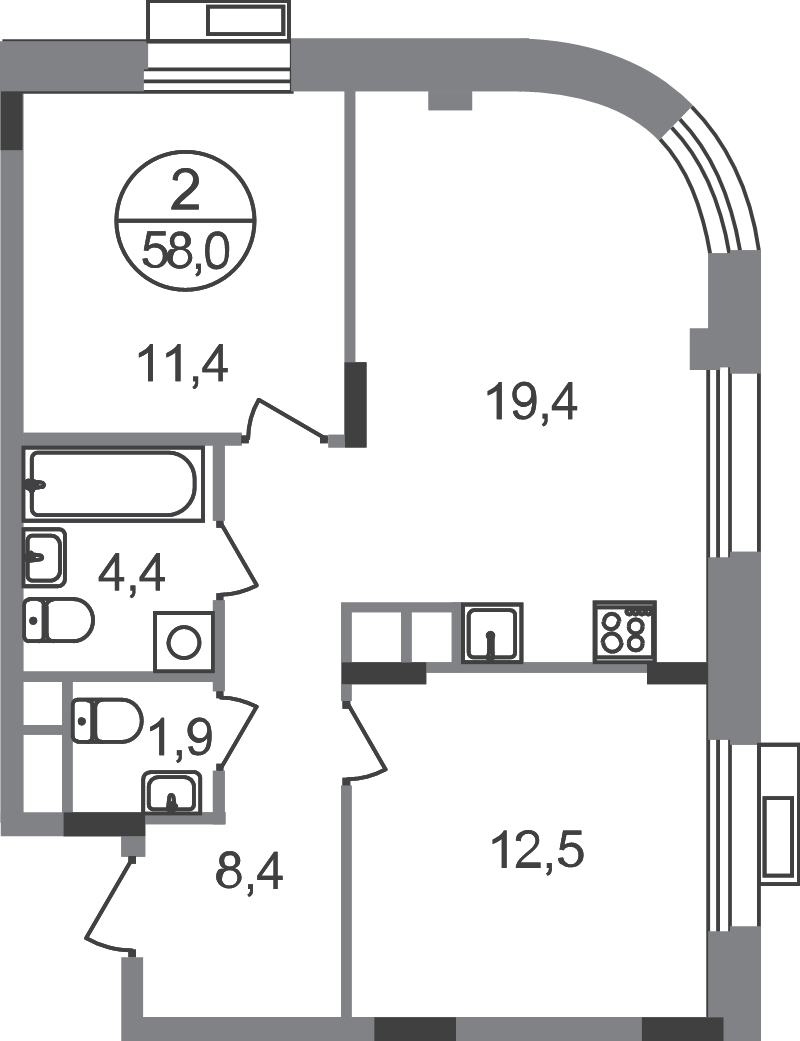 3 ккв (Евро) 58 м²