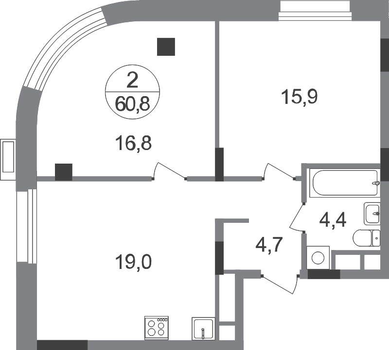 3 ккв (Евро) 60,8 м²