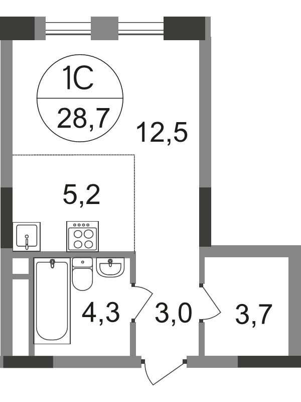 Студия 28,7 м²