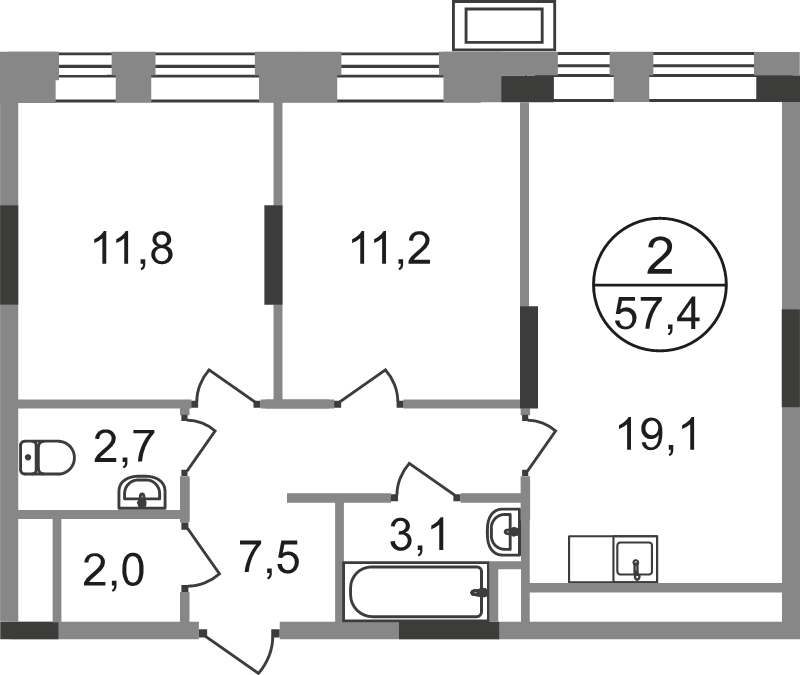 3 ккв (Евро) 57,4 м²