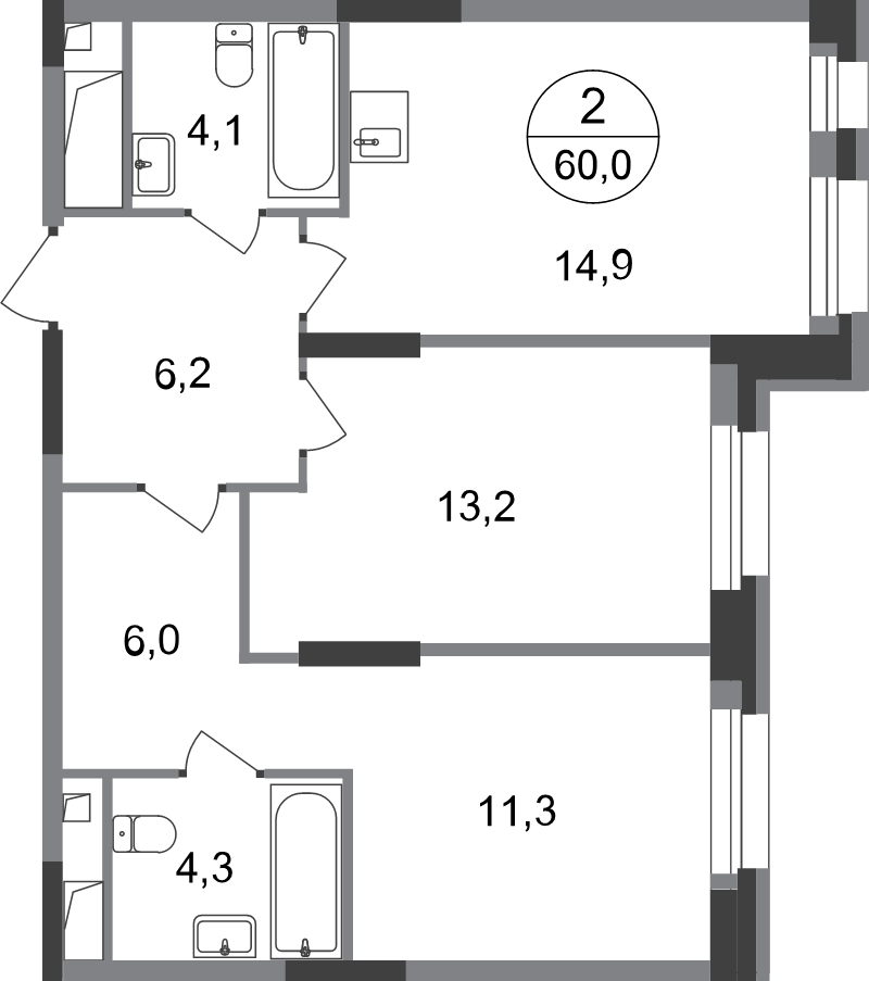 3 ккв (Евро) 60 м²