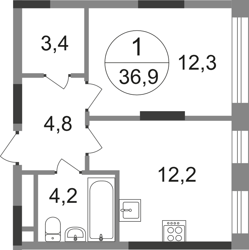 1 ккв 36,9 м²
