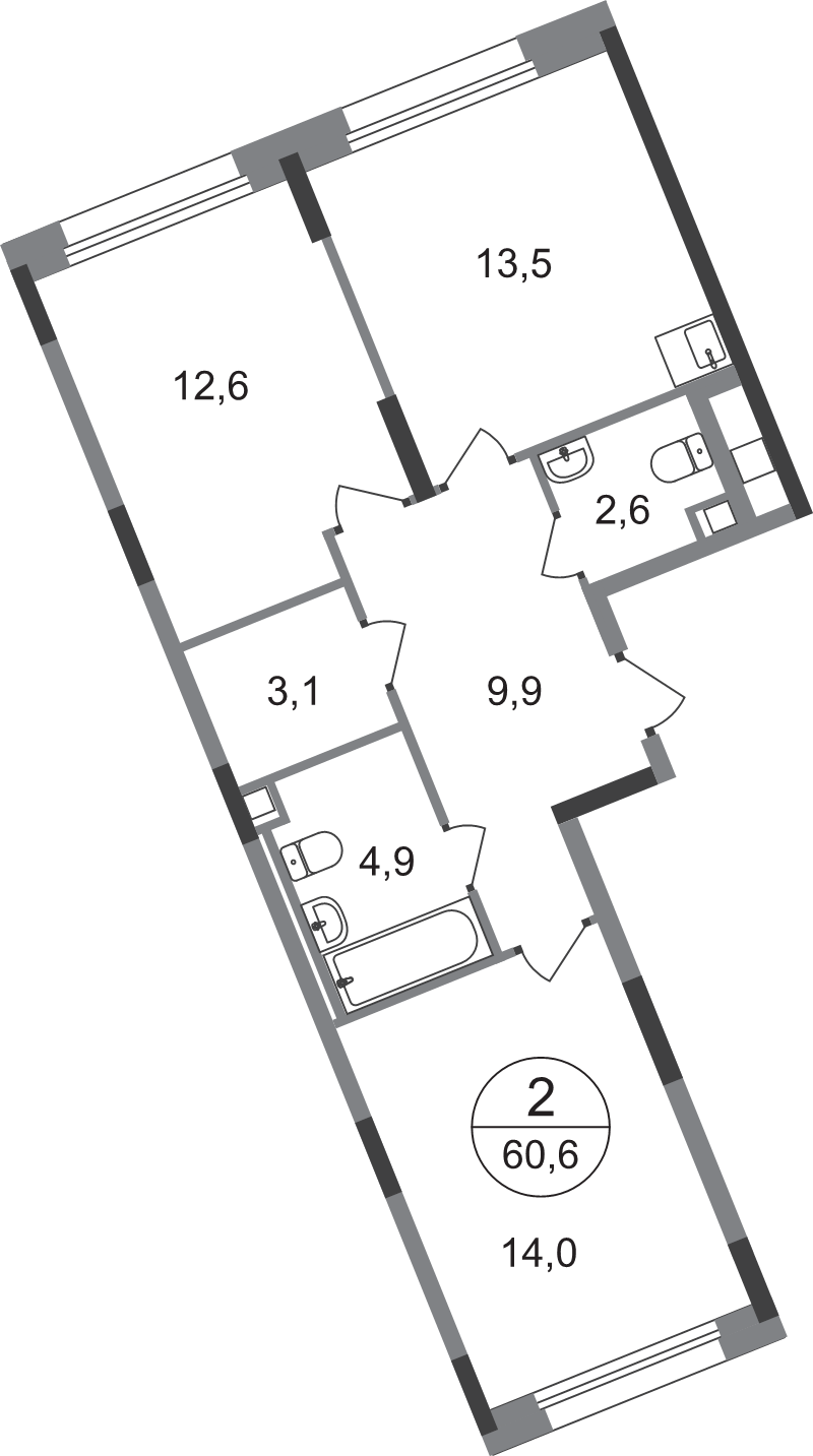 2 ккв 60,6 м²