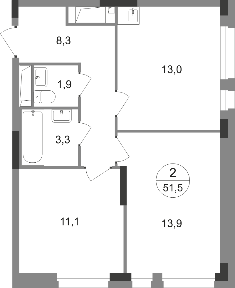 2 ккв 51,5 м²