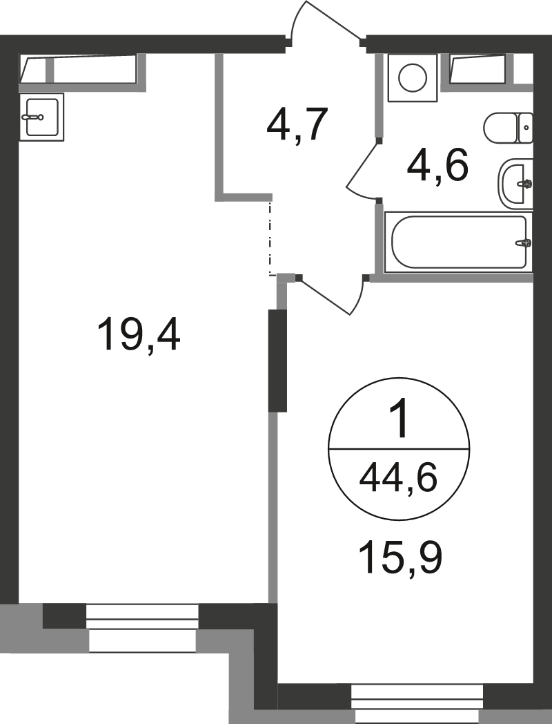 2 ккв (Евро) 44,6 м²