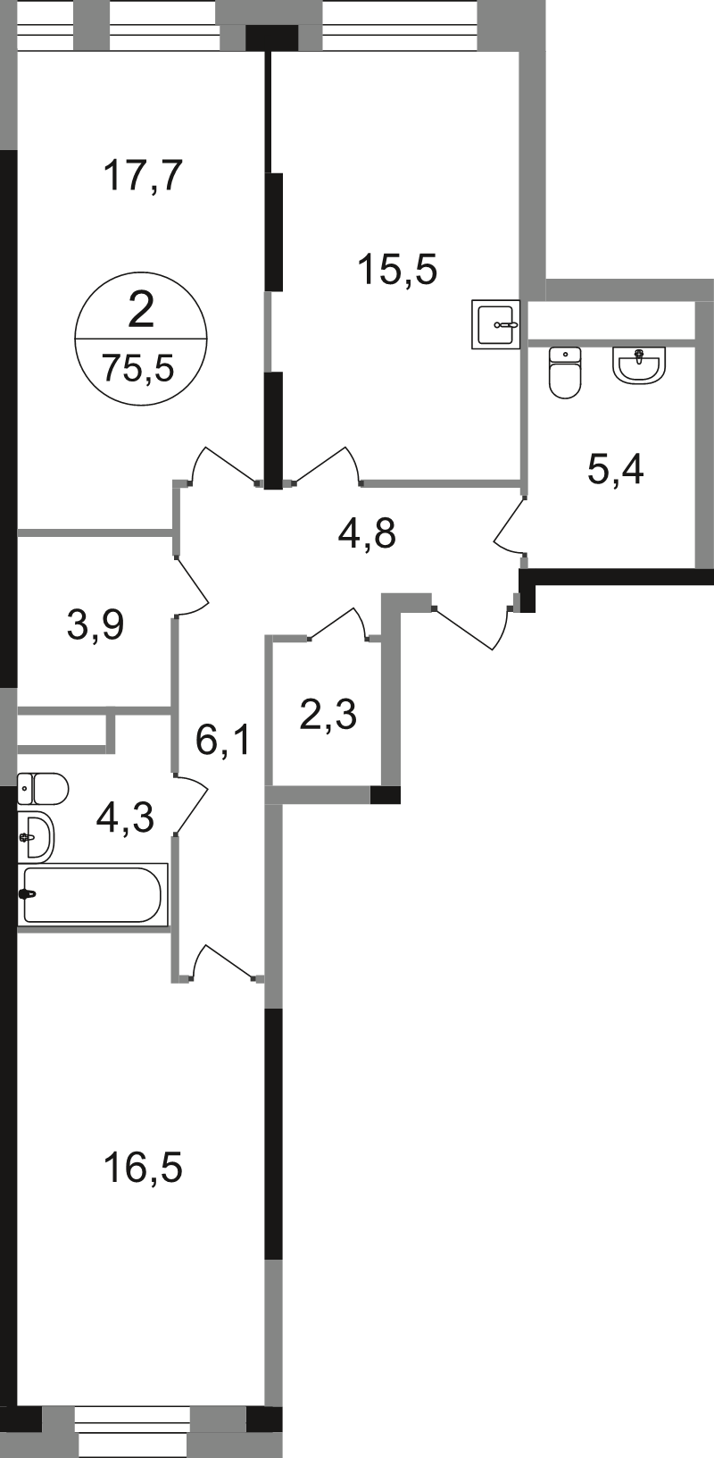 3 ккв (Евро) 76,5 м²
