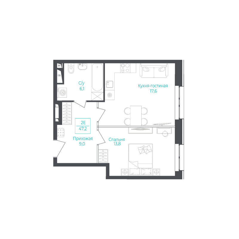 2 ккв (Евро) 47,1 м²