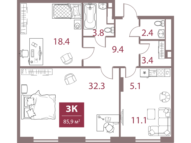 3 ккв (Евро) 85,9 м²
