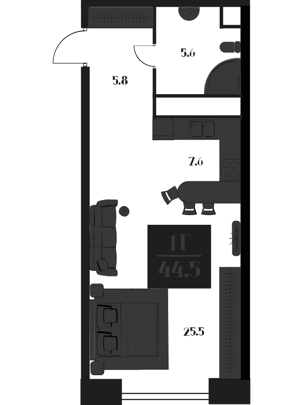 Студия 44,5 м²