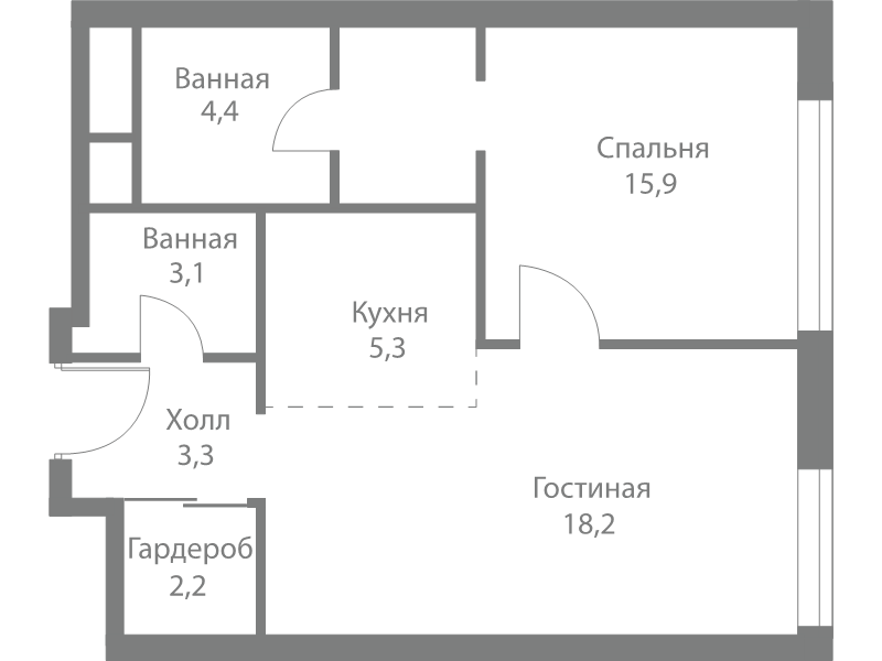 2 ккв (Евро) 52,4 м²