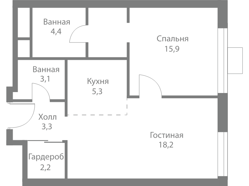 2 ккв (Евро) 52,4 м²
