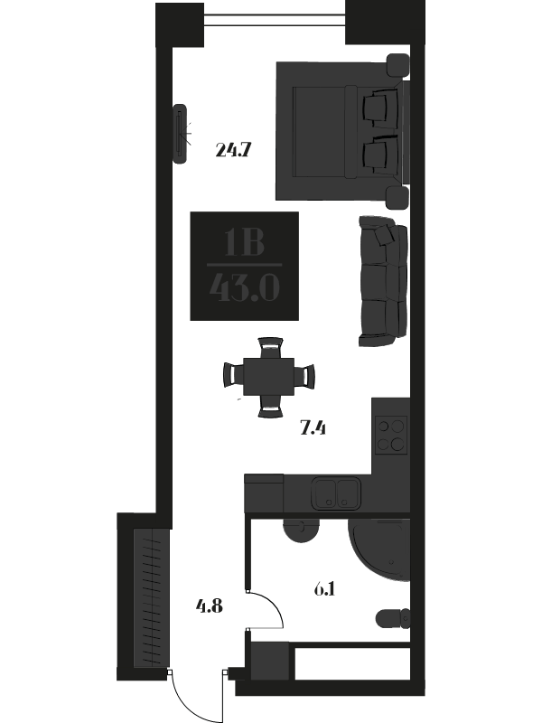 Студия 43 м²