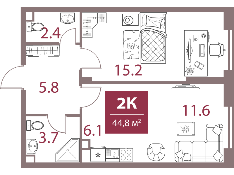 2 ккв (Евро) 44,8 м²