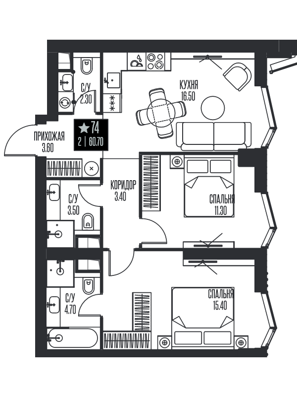 3 ккв (Евро) 60,7 м²