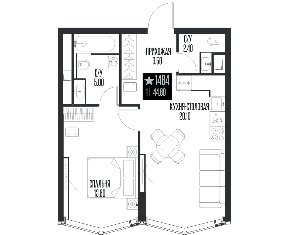 2 ккв (Евро) 44,6 м²