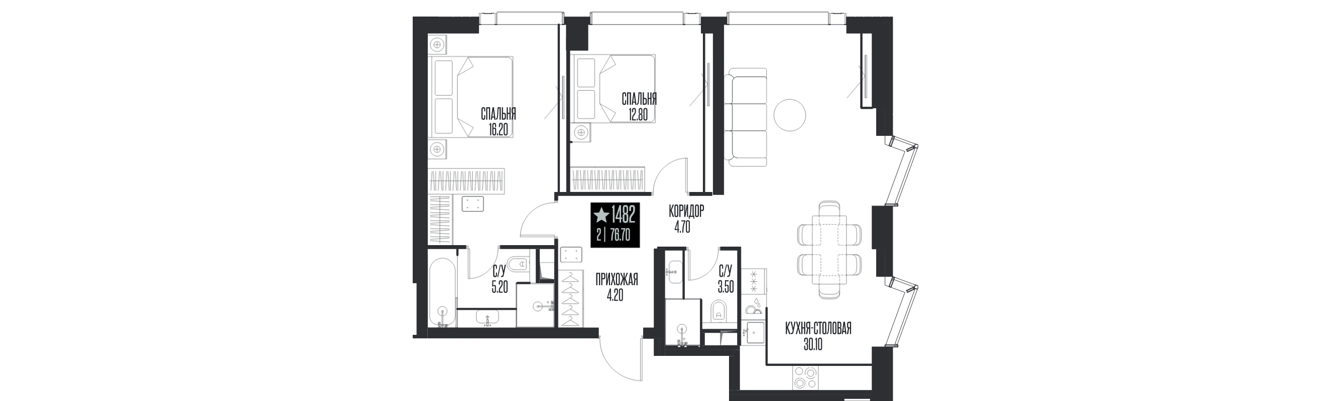 3 ккв (Евро) 76,7 м²