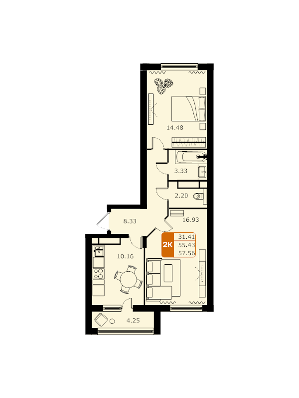 2 ккв 57,5 м²