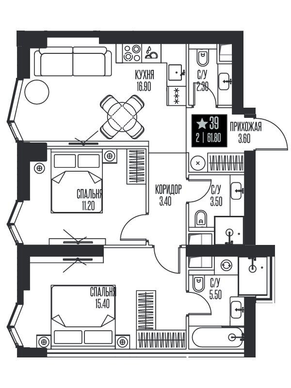 3 ккв (Евро) 61,8 м²