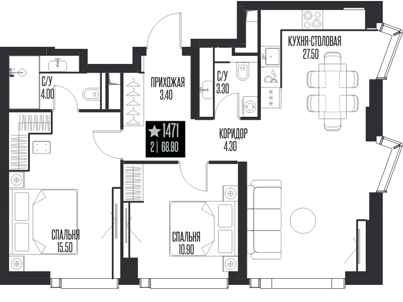 3 ккв (Евро) 68,9 м²