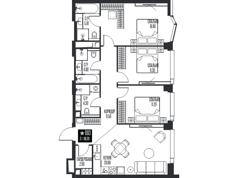 4 ккв (Евро) 88,3 м²