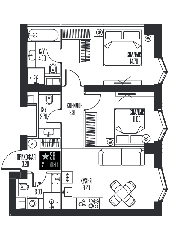 3 ккв (Евро) 60,3 м²