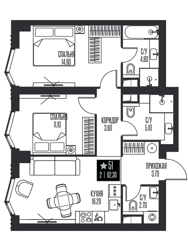 3 ккв (Евро) 62,3 м²
