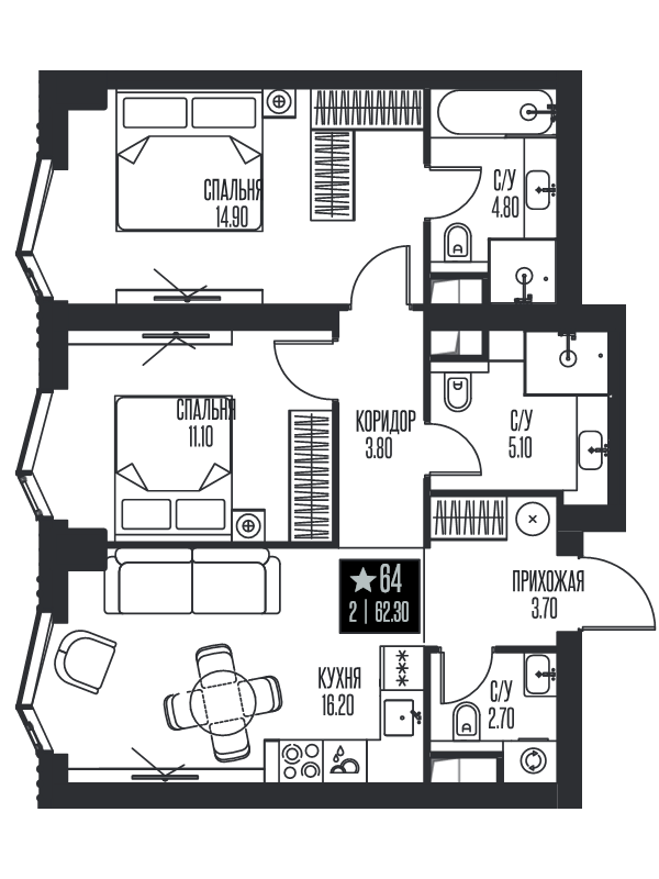 3 ккв (Евро) 62,3 м²