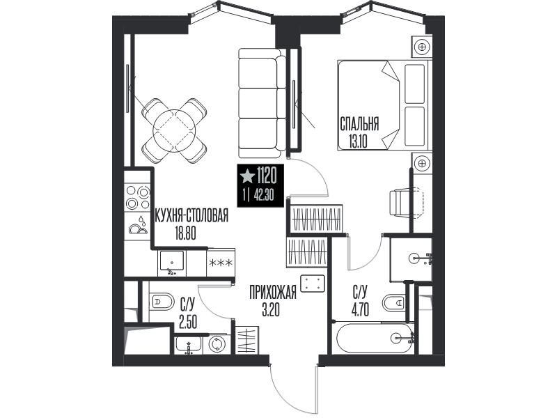 2 ккв (Евро) 42,3 м²
