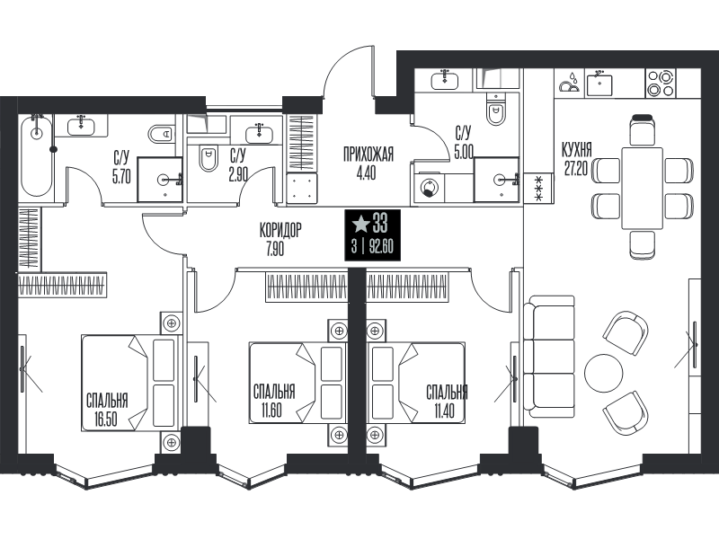 4 ккв (Евро) 92,6 м²