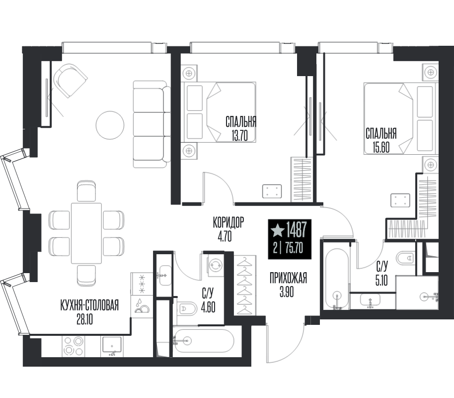 3 ккв (Евро) 75,7 м²