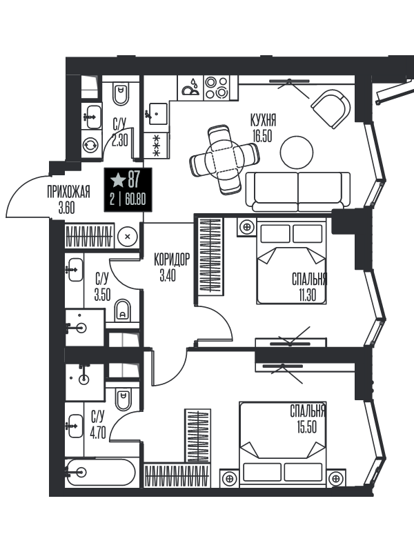 3 ккв (Евро) 60,8 м²