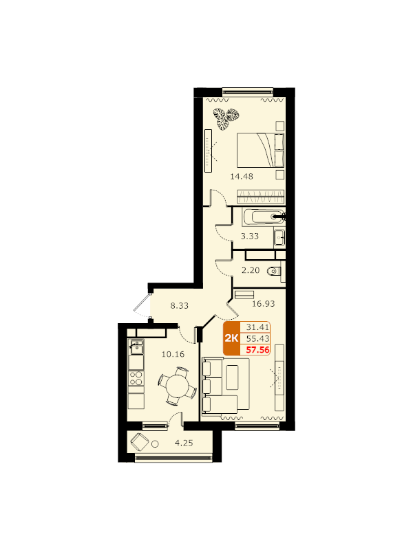 2 ккв 57,6 м²