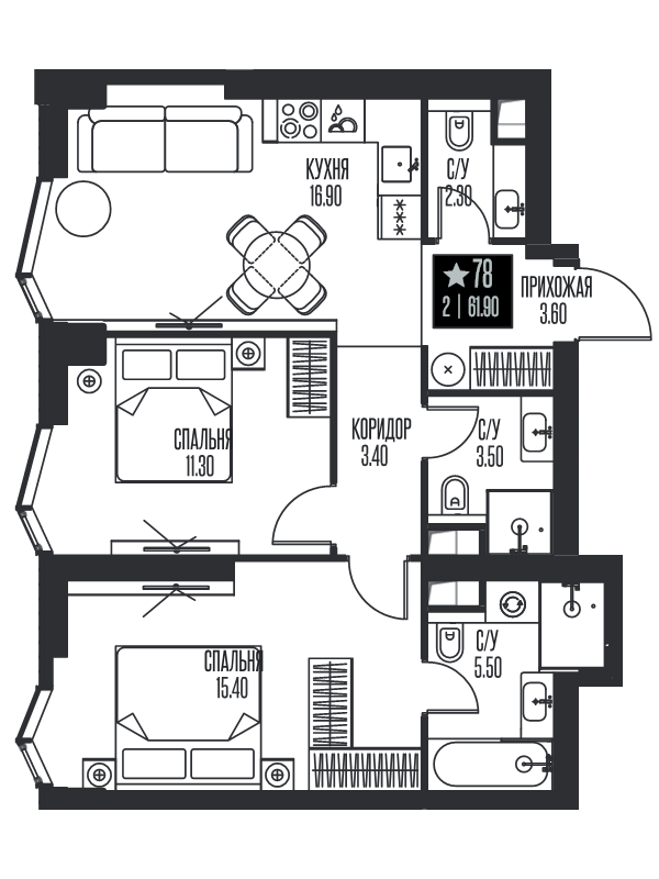 3 ккв (Евро) 61,9 м²