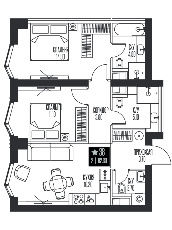 3 ккв (Евро) 62,3 м²