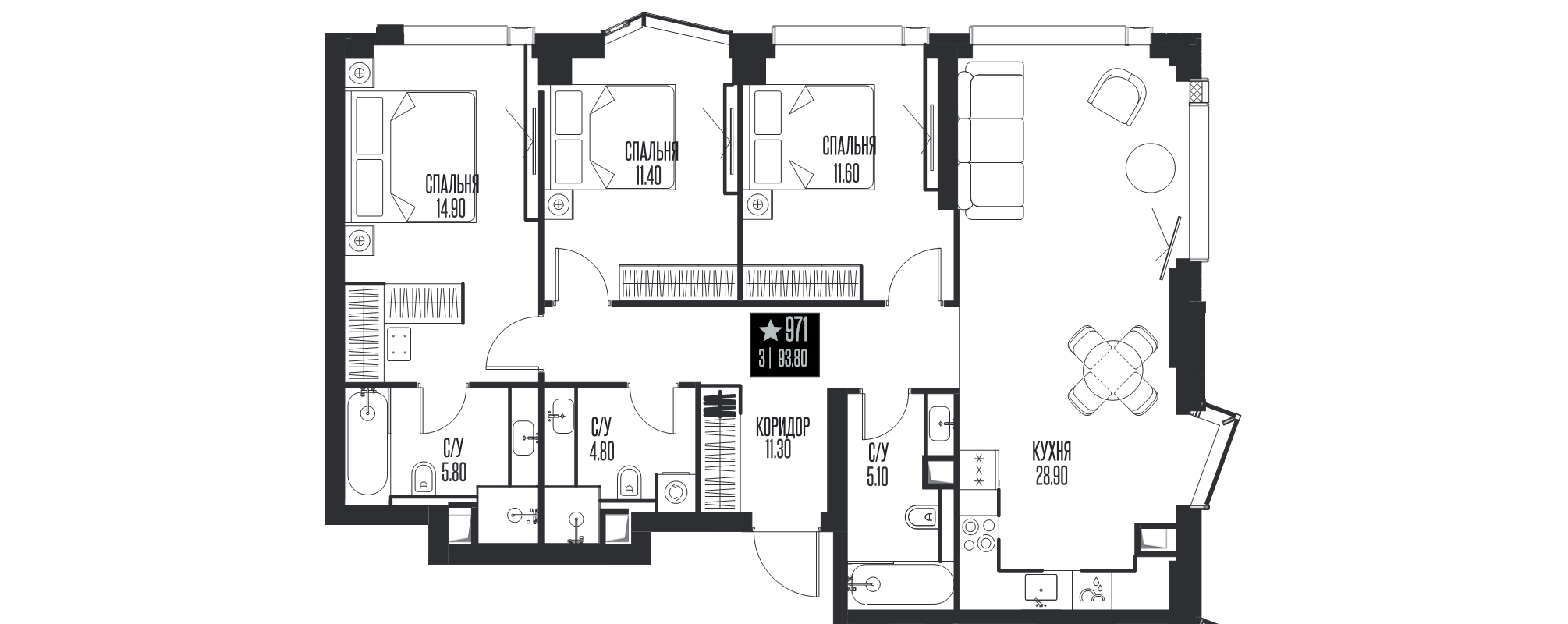 4 ккв (Евро) 93,8 м²