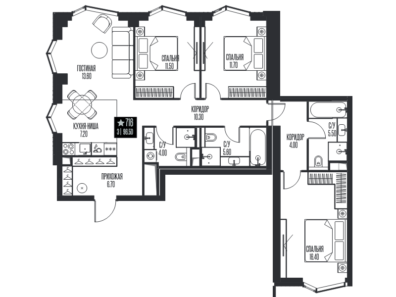 4 ккв (Евро) 96,5 м²
